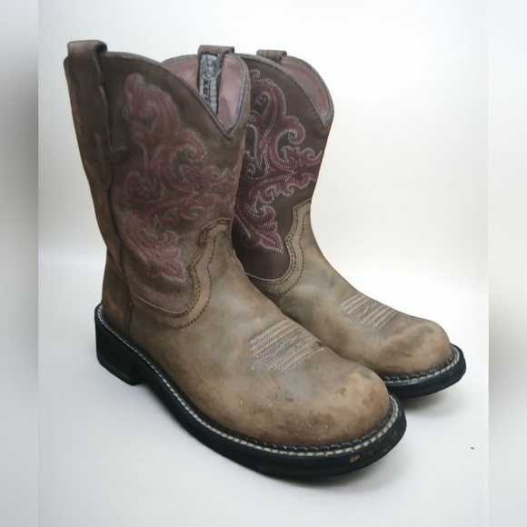 Ariat Fatbaby Brown Pink Womans Western Mid Height Leather Boots Sz 8 Cowgirl - Picture 1 of 11